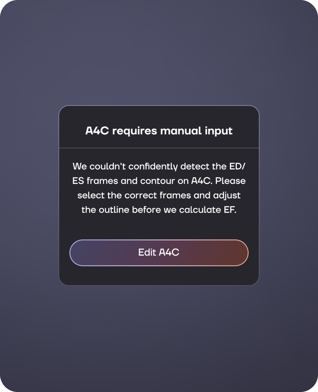 Message indiquant que la vue A4C nécessite une saisie manuelle