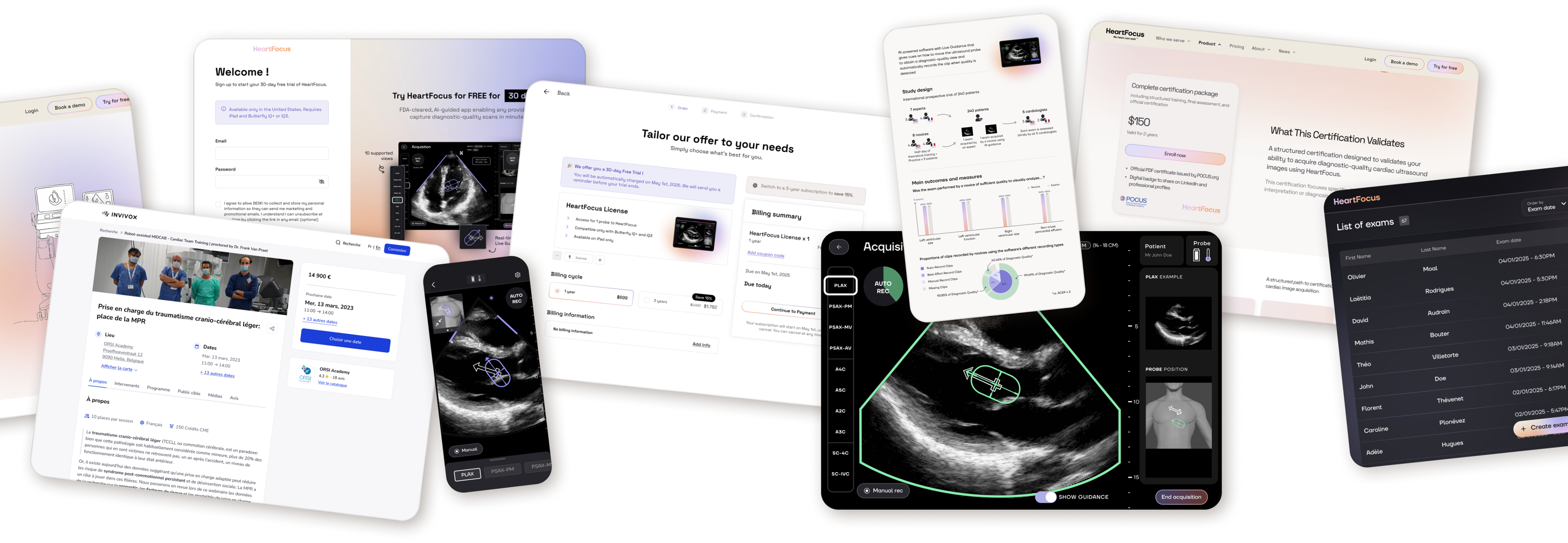 Aperçu de plusieurs projets réalisés : HeartFocus, Invivox et d'autres interfaces web et mobiles